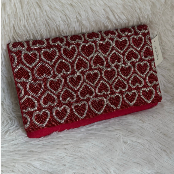 Francesca Clutch Evening Bag Gold Red Beaded Heart Chain Shoulder Strap  NWT - Picture 1 of 12